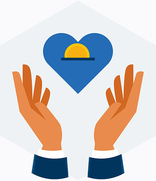 Hands reaching out for a heart, with a coin dropped inside. Corporate Social Responsibility.
